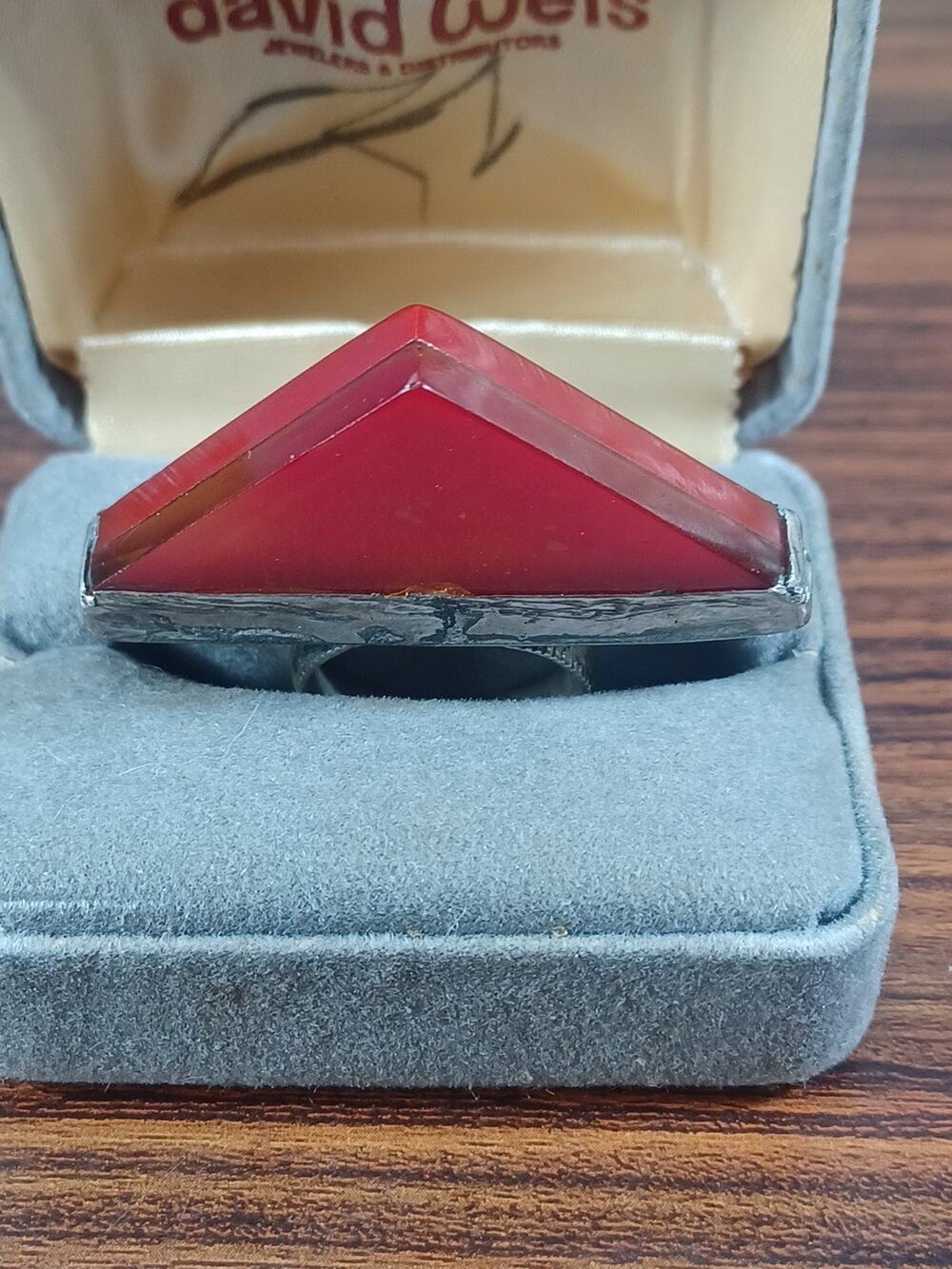 Vintage Tuareg Carnelian Silver Ring Triangle 3 D Effect Chunky Orange Red